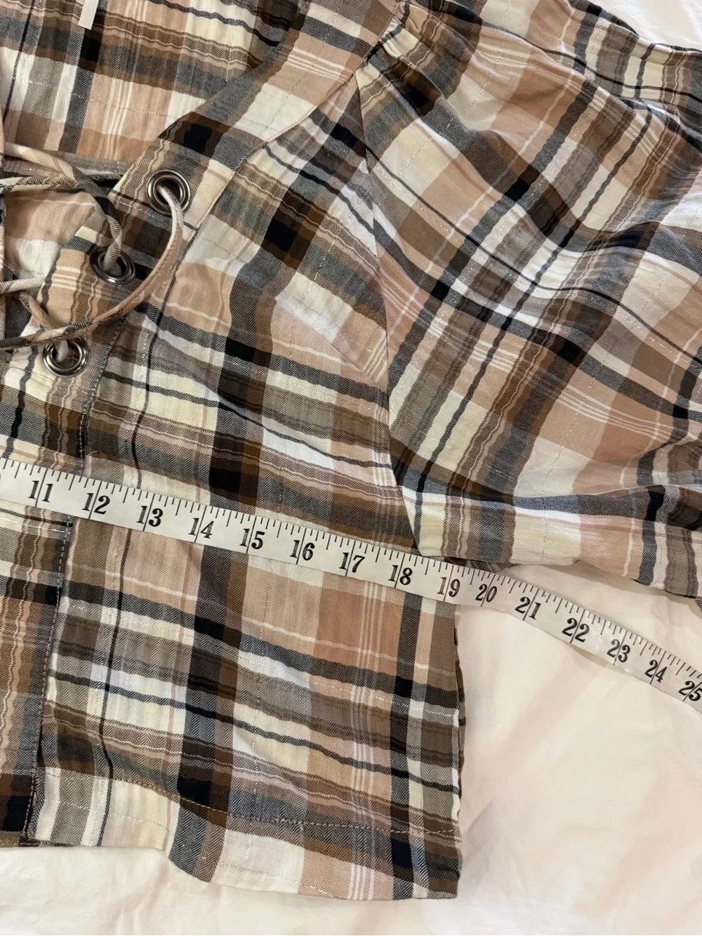 ANTHROPOLOGIE Long-Sleeve Lace-up Dolman Blouse Neutral Pattern Plaid S - Picture 10 of 12